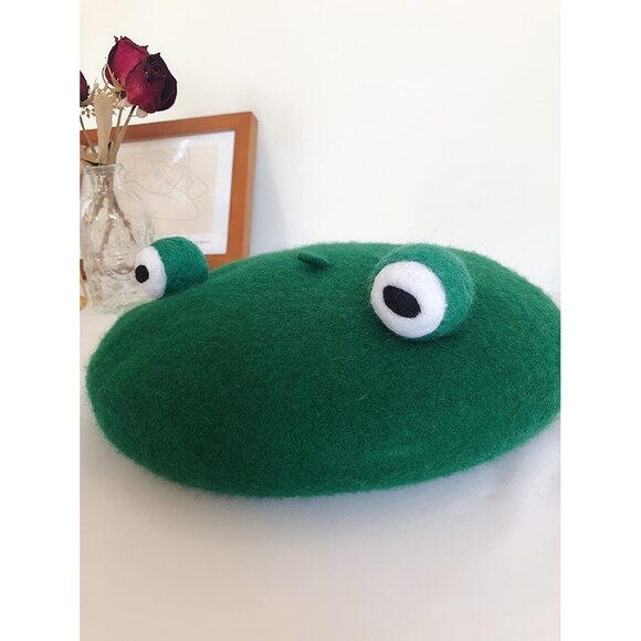 2568 Women Handmade Green Frog Eyes Balls Beret Hat Soft Wool Cap Winter main image 4